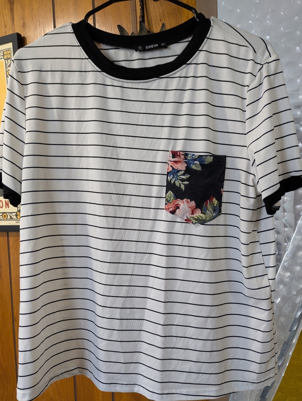 SHEIN Floral Pocket Striped Ringer Tee Shirt In Black And White Sz L